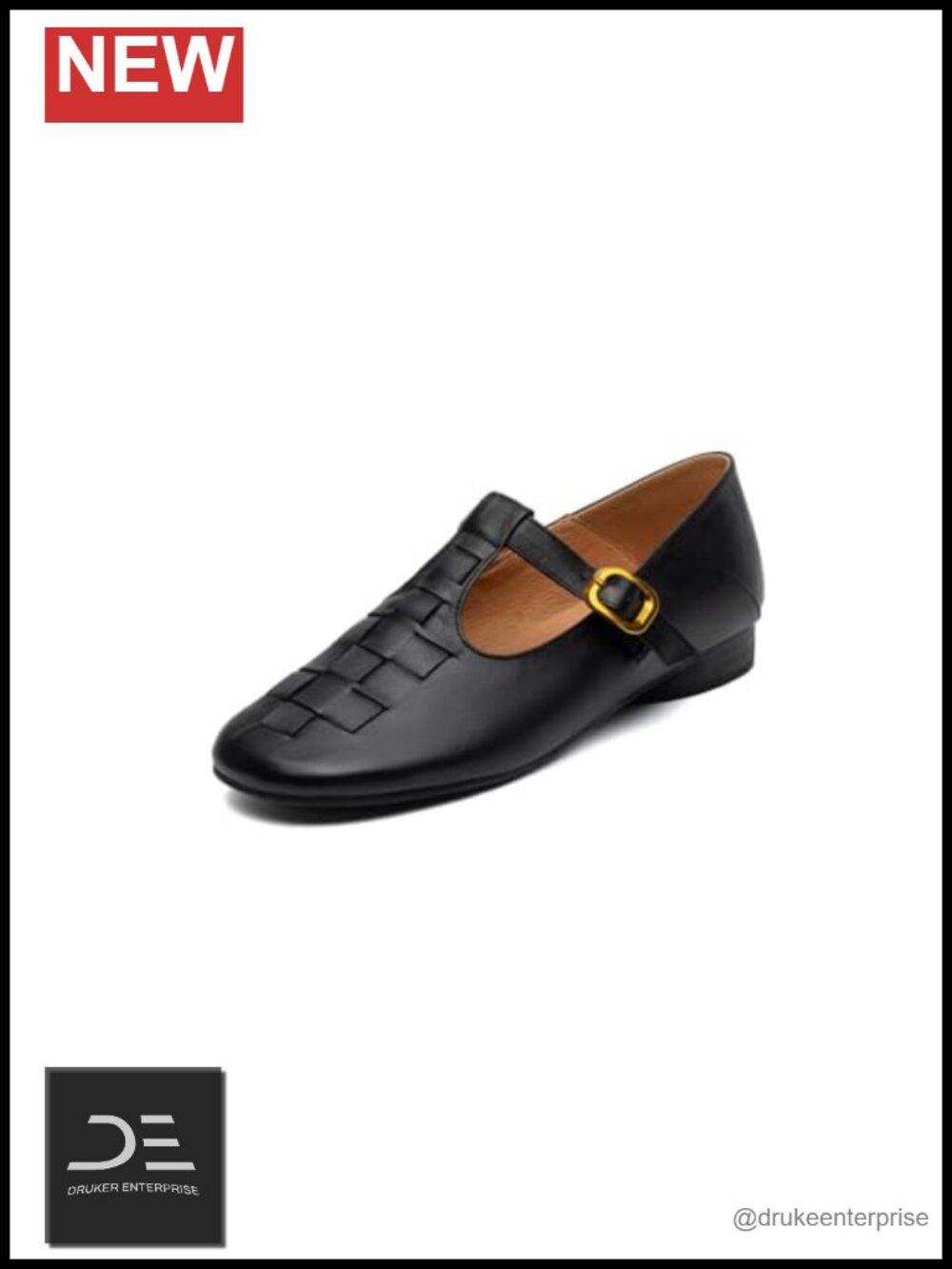 Leather Mary Jane Flats with Block Heel - Woven Detailing